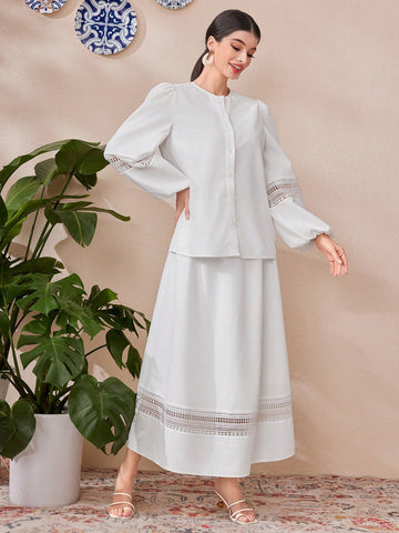 Women's Lace Patchwork Lantern Sleeve Top And Skirt Two-Piece Set