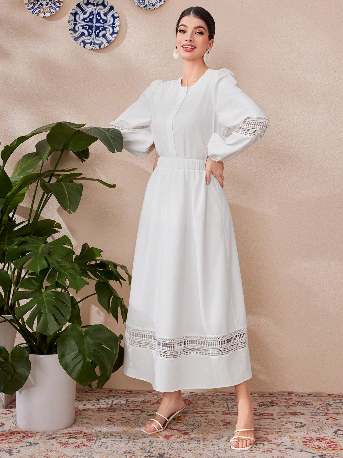 Women's Lace Patchwork Lantern Sleeve Top And Skirt Two-Piece Set