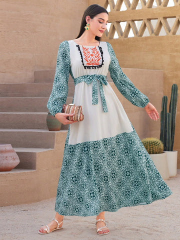 Women's Lantern Sleeve Dress With Geometric Patterns