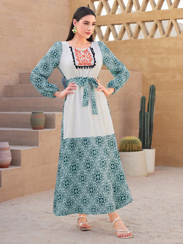 Women's Lantern Sleeve Dress With Geometric Patterns