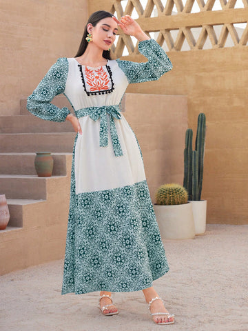 Women's Lantern Sleeve Dress With Geometric Patterns
