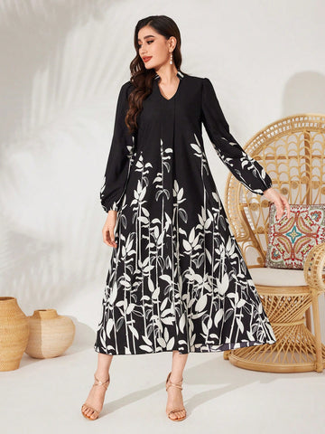 Women's Lantern Sleeve Dress With Plant Print