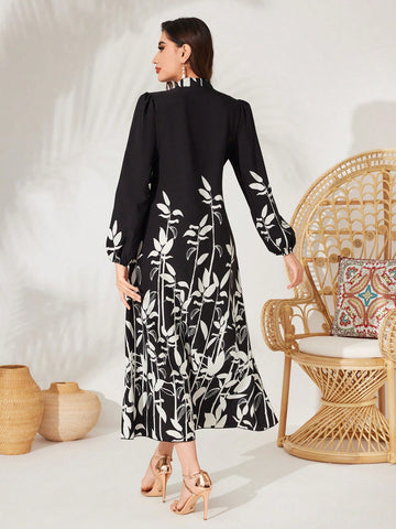 Women's Lantern Sleeve Dress With Plant Print