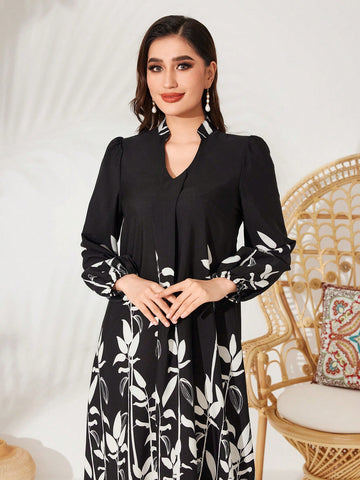 Women's Lantern Sleeve Dress With Plant Print