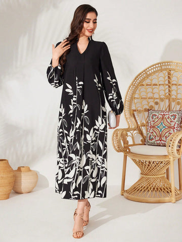Women's Lantern Sleeve Dress With Plant Print