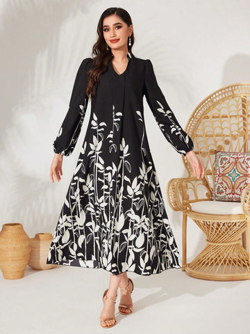 Women's Lantern Sleeve Dress With Plant Print