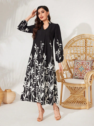Women's Lantern Sleeve Dress With Plant Print