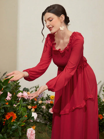 Women's Lantern Sleeve Dress With Plunging Neckline And Ruffle Trims