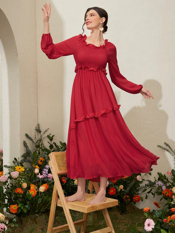 Women's Lantern Sleeve Dress With Plunging Neckline And Ruffle Trims
