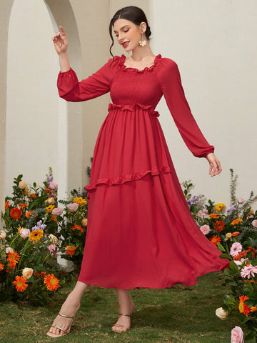 Women's Lantern Sleeve Dress With Plunging Neckline And Ruffle Trims