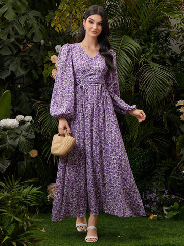 Women's Lantern Sleeve Floral Printed V-Neck Dress