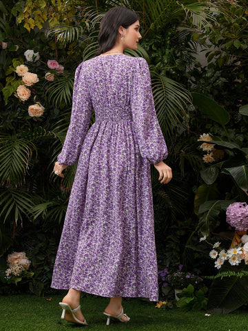 Women's Lantern Sleeve Floral Printed V-Neck Dress