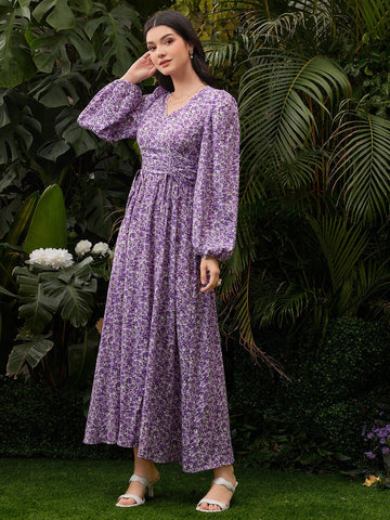 Women's Lantern Sleeve Floral Printed V-Neck Dress