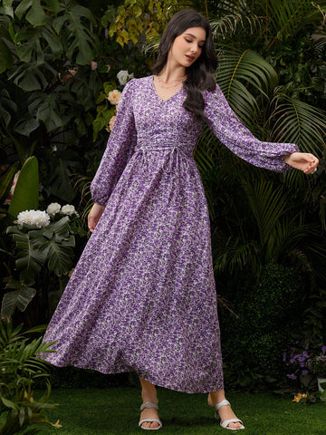 Women's Lantern Sleeve Floral Printed V-Neck Dress