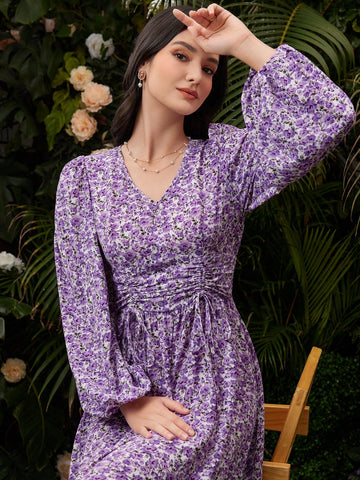 Women's Lantern Sleeve Floral Printed V-Neck Dress