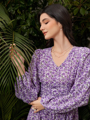 Women's Lantern Sleeve Floral Printed V-Neck Dress