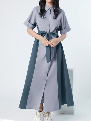 Women's Lapel Collar Color Block Dress With Front Buttons And Waist Belt For Summer