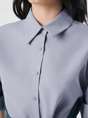 Women's Lapel Collar Color Block Dress With Front Buttons And Waist Belt For Summer