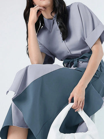 Women's Lapel Collar Color Block Dress With Front Buttons And Waist Belt For Summer