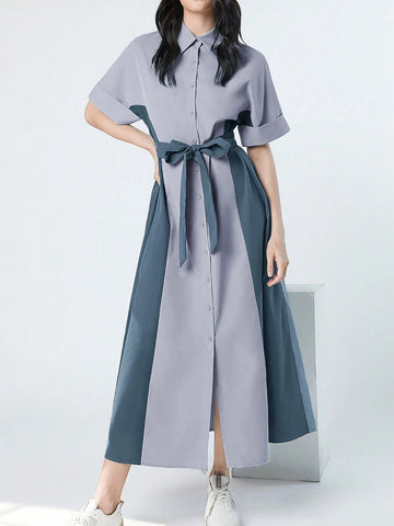 Women's Lapel Collar Color Block Dress With Front Buttons And Waist Belt For Summer
