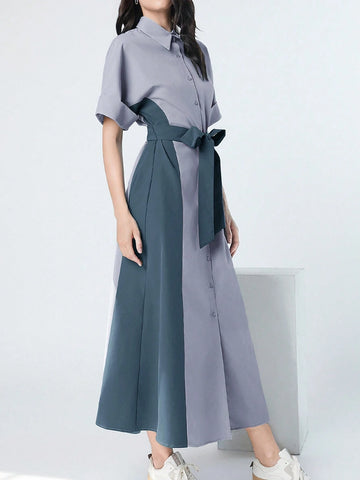 Women's Lapel Collar Color Block Dress With Front Buttons And Waist Belt For Summer