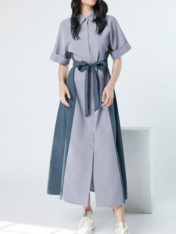 Women's Lapel Collar Color Block Dress With Front Buttons And Waist Belt For Summer