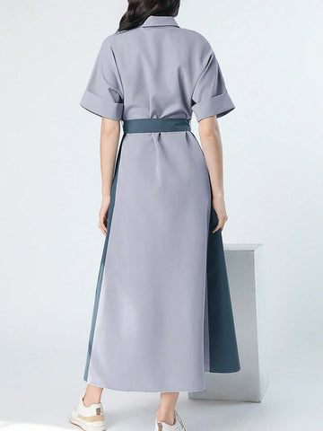 Women's Lapel Collar Color Block Dress With Front Buttons And Waist Belt For Summer