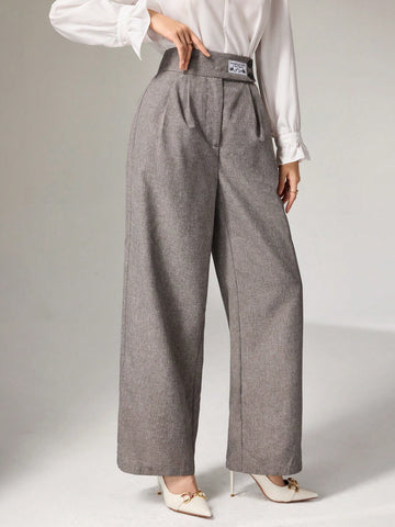 Mulvari Women's Letter Pleated Wide Leg Loose Elegant Pants