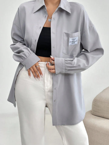 Mulvari Women's Loose Casual Drop Shoulder Letter Printed Shirt, Spring & Fall