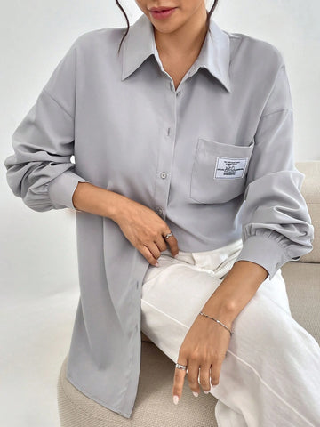 Mulvari Women's Loose Casual Drop Shoulder Letter Printed Shirt, Spring & Fall