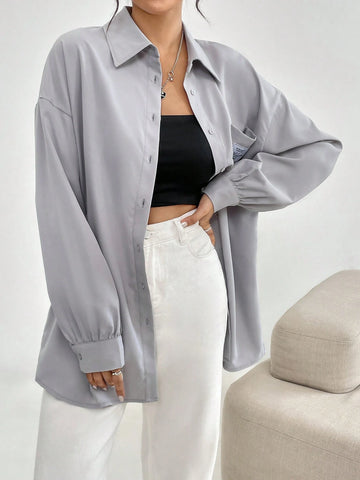 Mulvari Women's Loose Casual Drop Shoulder Letter Printed Shirt, Spring & Fall