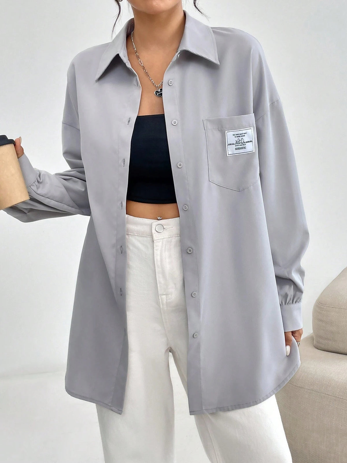 Mulvari Women's Loose Casual Drop Shoulder Letter Printed Shirt, Spring & Fall