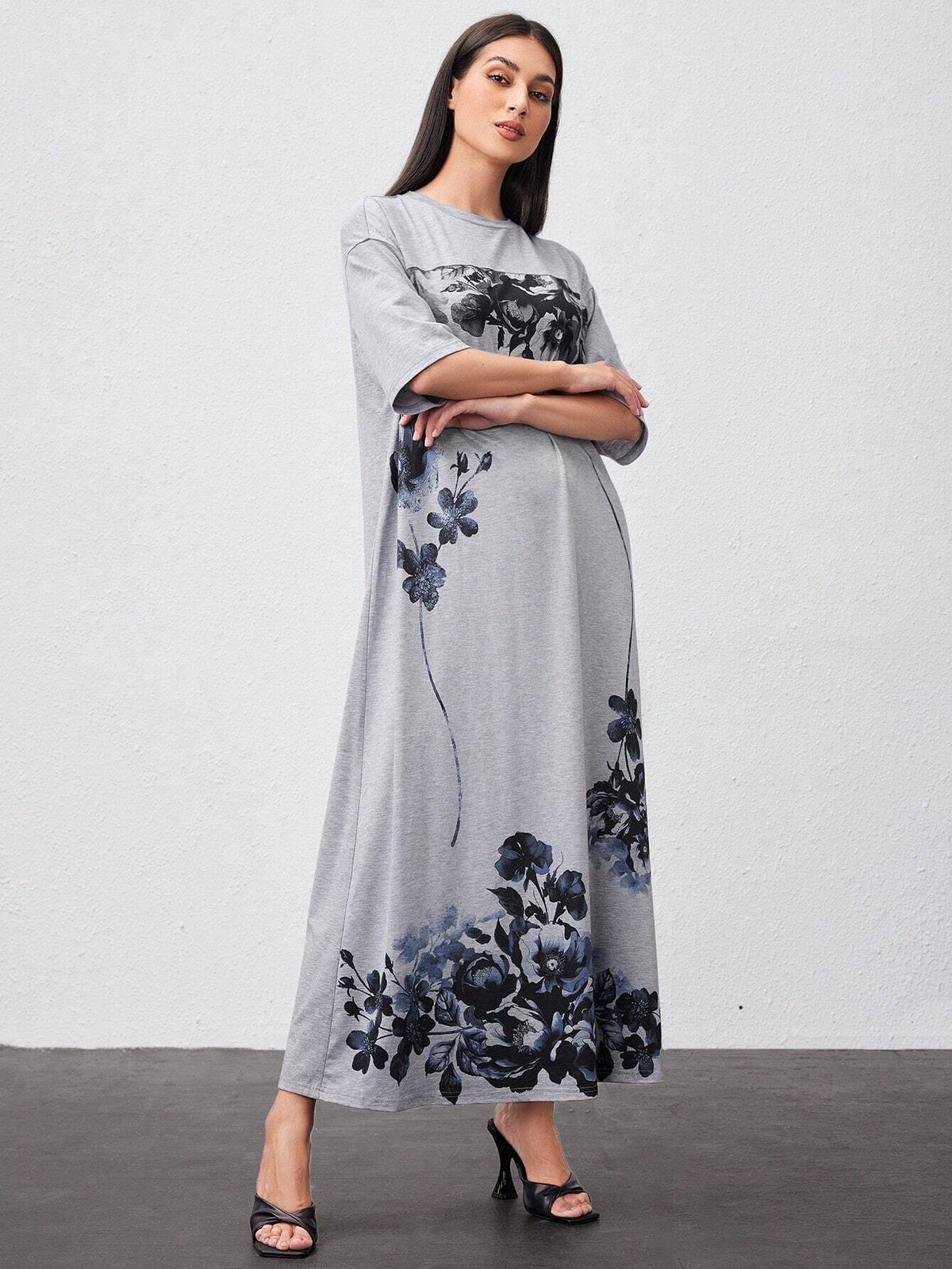 Women's Loose Fit Drop-Shoulder Floral Print Midi Dress