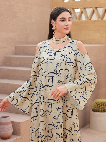 Women's Off-Shoulder Bell Sleeve Printed Dress