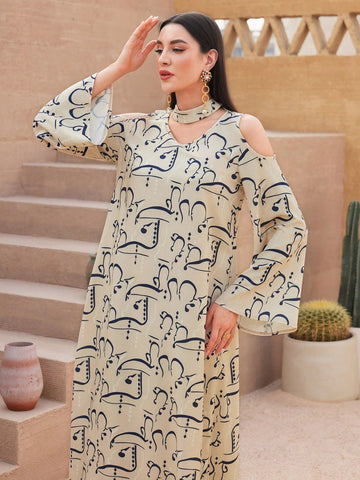 Women's Off-Shoulder Bell Sleeve Printed Dress