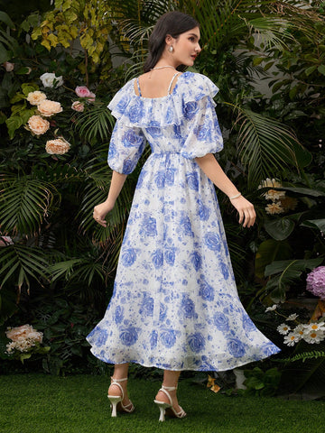 Women's Off-Shoulder Floral Printed Dress With Ruffled Hem