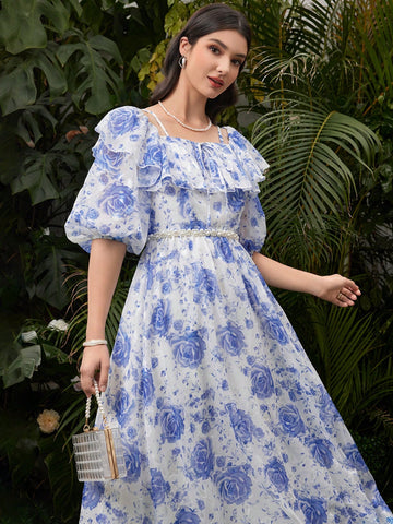 Women's Off-Shoulder Floral Printed Dress With Ruffled Hem