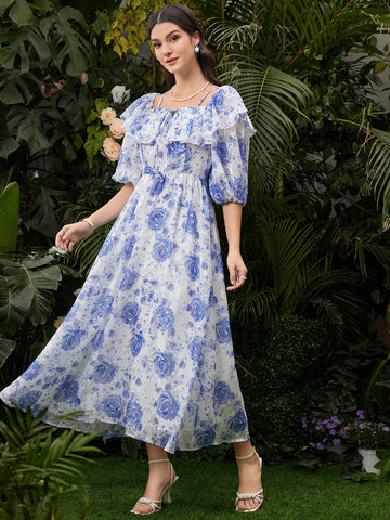 Women's Off-Shoulder Floral Printed Dress With Ruffled Hem