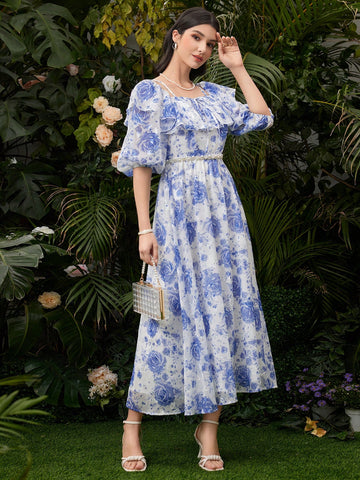 Women's Off-Shoulder Floral Printed Dress With Ruffled Hem