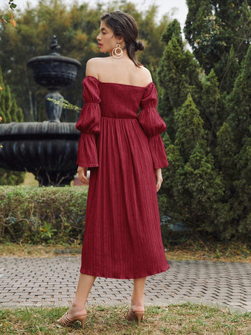 Women's Off Shoulder Dress With Lotus Leaf Sleeves