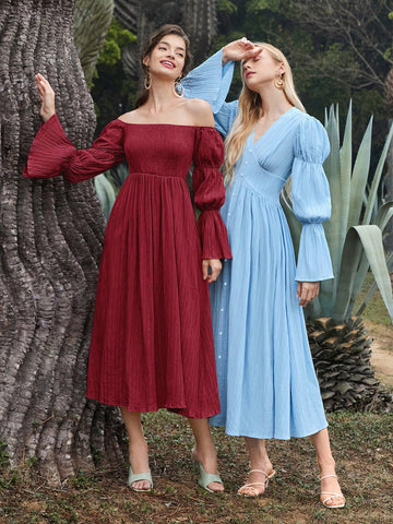 Women's Off Shoulder Dress With Lotus Leaf Sleeves