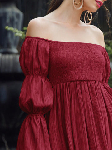 Women's Off Shoulder Dress With Lotus Leaf Sleeves