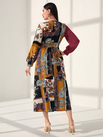 Women's Patchwork Plant Printed Lantern Sleeve Dress
