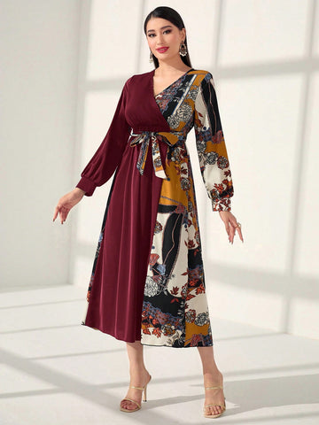 Women's Patchwork Plant Printed Lantern Sleeve Dress