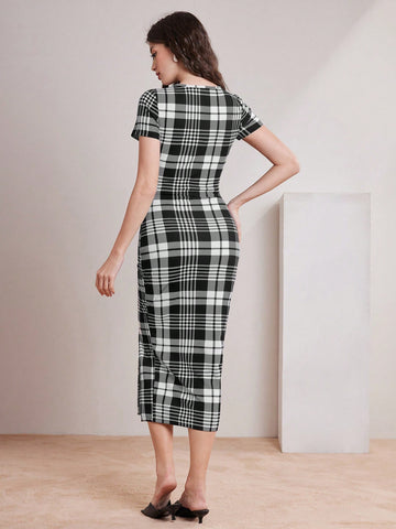 Women's Plaid Short Sleeve Bodycon Dress