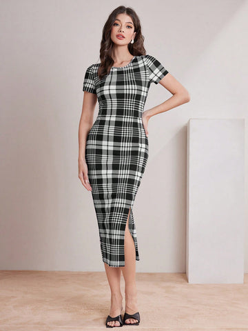Women's Plaid Short Sleeve Bodycon Dress