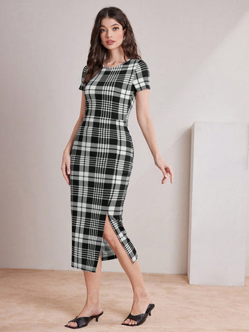 Women's Plaid Short Sleeve Bodycon Dress
