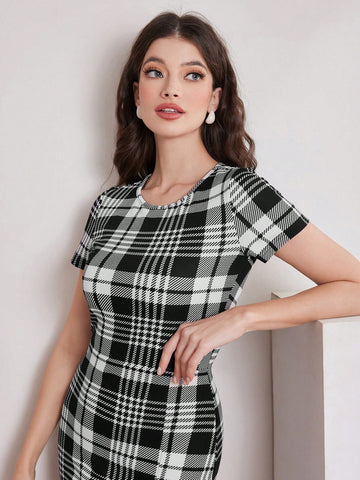 Women's Plaid Short Sleeve Bodycon Dress