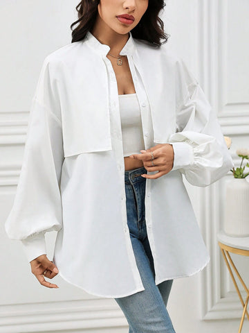 Mulvari Women's Plain Color Front Button Long Sleeve Pleated Casual Shirt