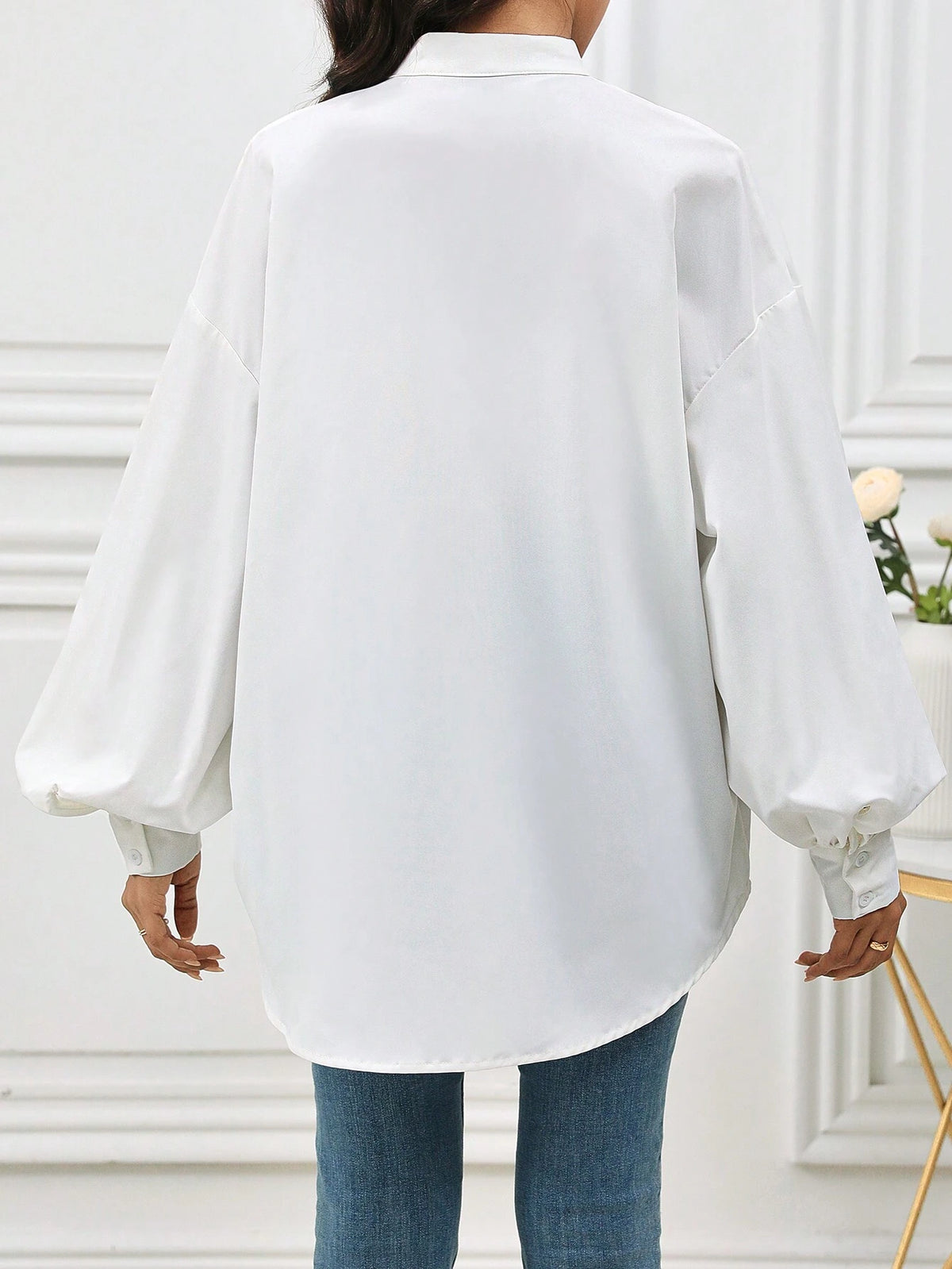 Mulvari Women's Plain Color Front Button Long Sleeve Pleated Casual Shirt